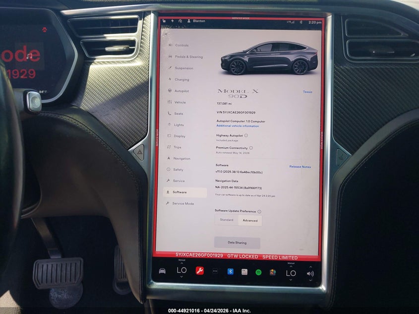 2016 Tesla Model X 60D/70D/75D/90D VIN: 5YJXCAE26GF001929 Lot: 44921016
