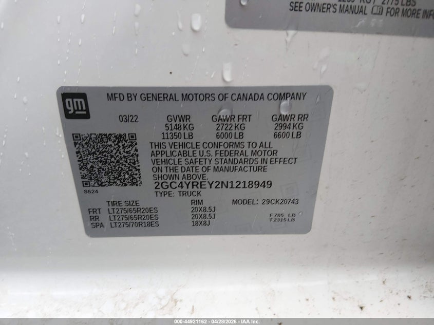2022 CHEVROLET SILVERADO 2500HD (VIN: 2GC4YREY2N1218949