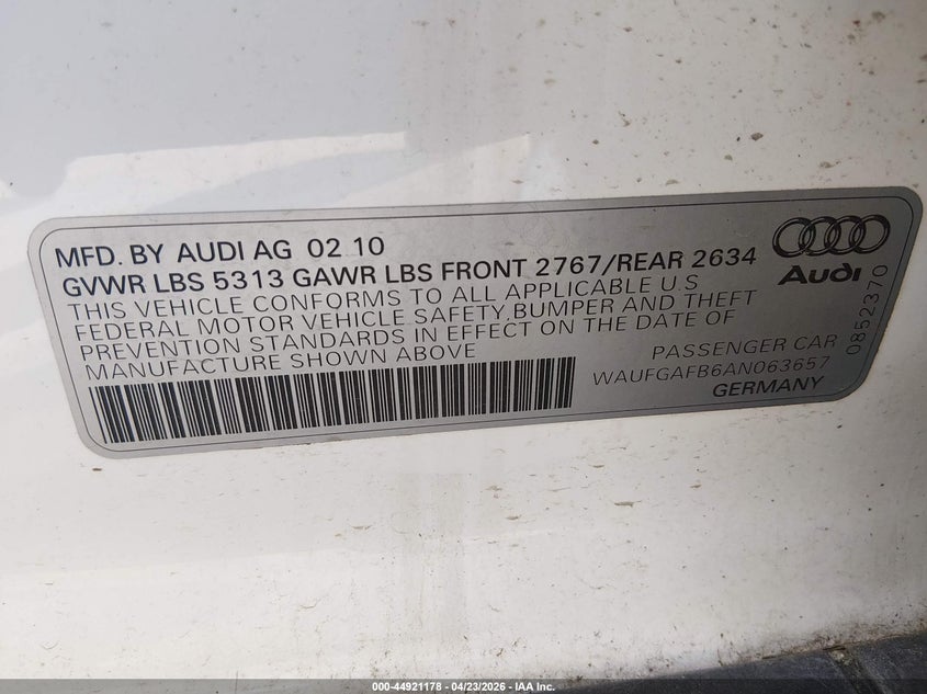 2010 Audi A6 3.0 Premium VIN: WAUFGAFB6AN063657 Lot: 44921178