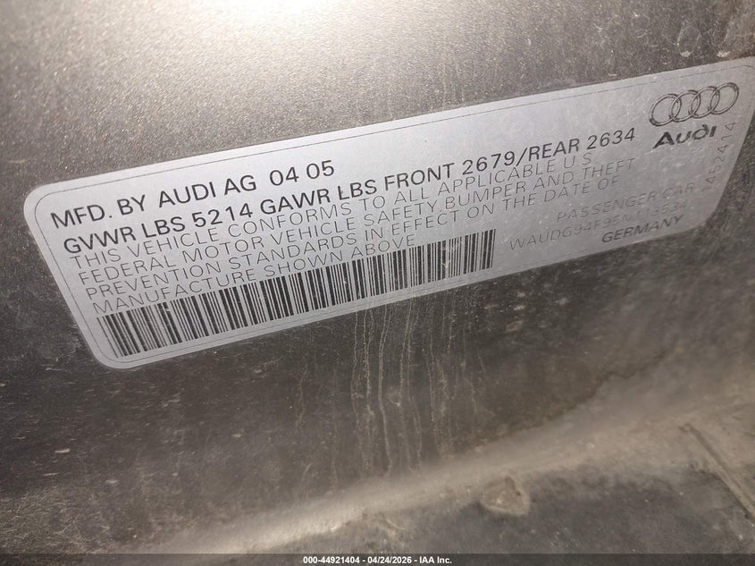 2005 Audi A6 3.2 VIN: WAUDG94F95N113534 Lot: 44921404