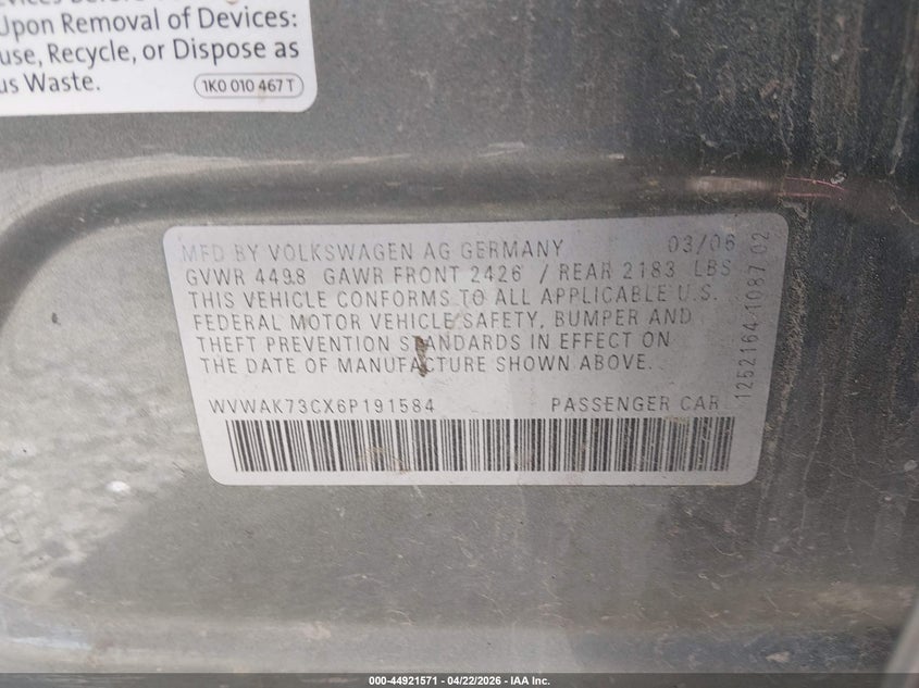 2006 Volkswagen Passat Value Edition VIN: WVWAK73CX6P191584 Lot: 44921571