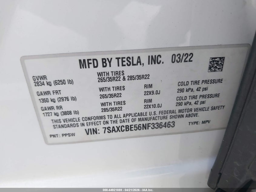 2022 Tesla Model X Dual Motor All-Wheel Drive VIN: 7SAXCBE56NF336463 Lot: 44921889