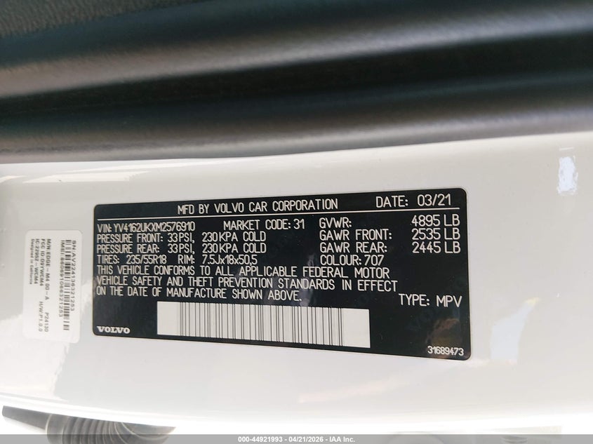 2021 Volvo Xc40 T5 Momentum VIN: YV4162UKXM2576910 Lot: 44921993