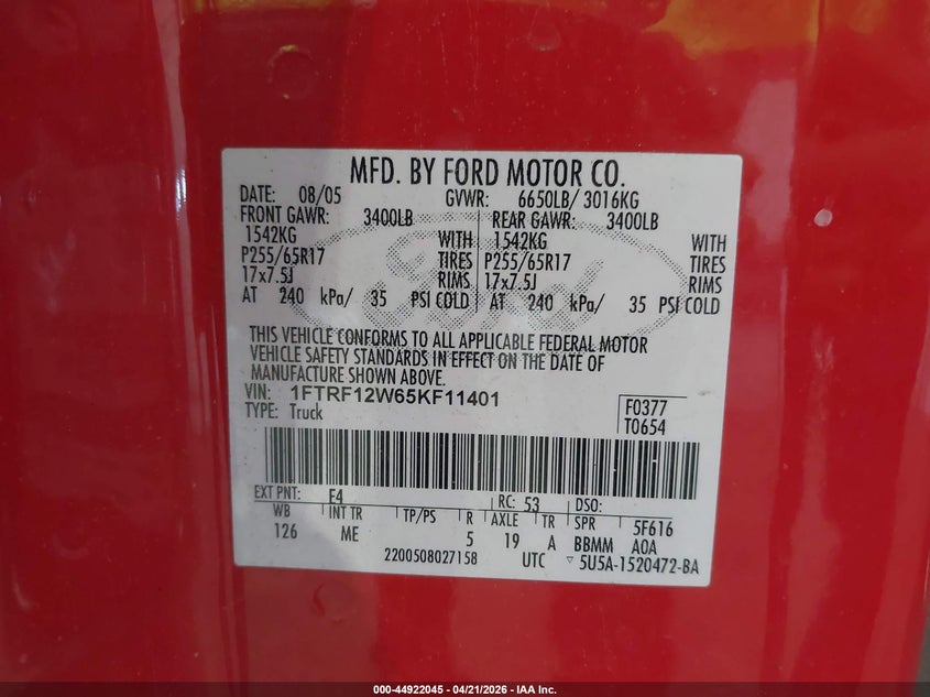 2005 FORD F-150 TRUCK 4.6L V-8 231HP