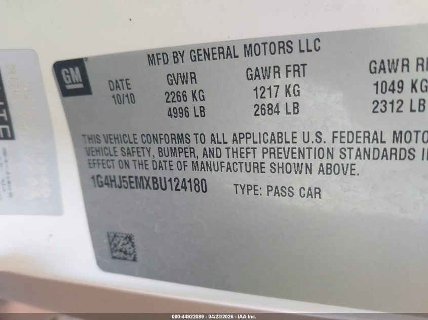 2011 Buick Lucerne Cxl Premium VIN: 1G4HJ5EMXBU124180 Lot: 44922089