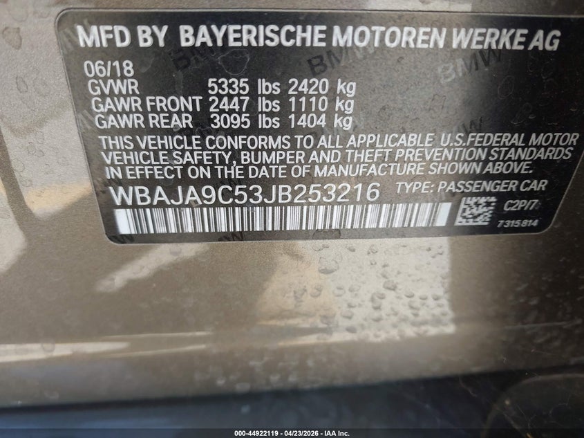 2018 BMW 530E Iperformance VIN: WBAJA9C53JB253216 Lot: 44922119