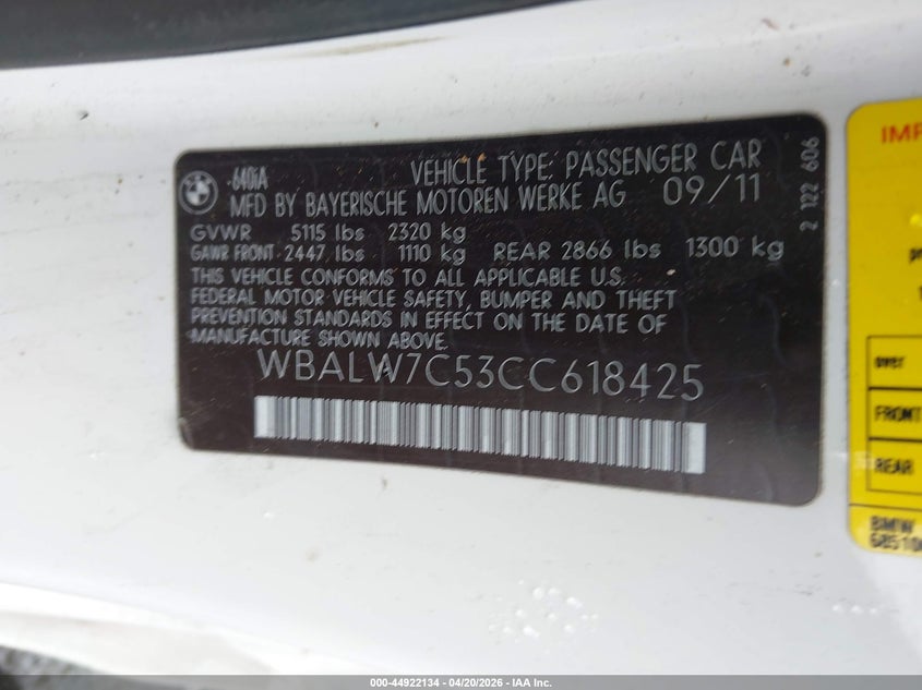 2012 BMW 640I VIN: WBALW7C53CC618425 Lot: 44922134