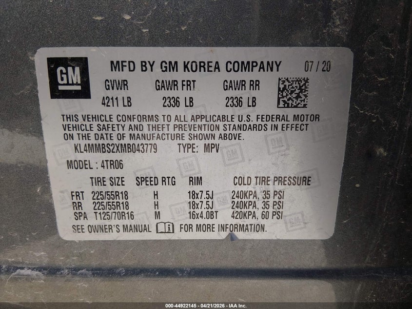 2021 Buick Encore Gx Fwd Preferred VIN: KL4MMBS2XMB043779 Lot: 44922145