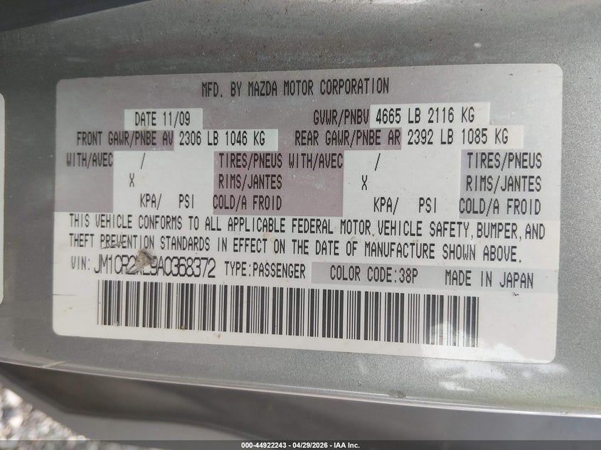 2010 Mazda Mazda5 Sport VIN: JM1CR2WL9A0368372 Lot: 44922243