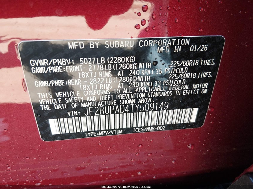 SUBARU OUTBACK 2026 VIN JF2BUPAD4TY509149