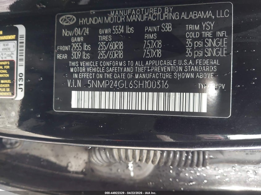VIN 5NMP24GL6SH100316 2025 HYUNDAI SANTA FE SEL