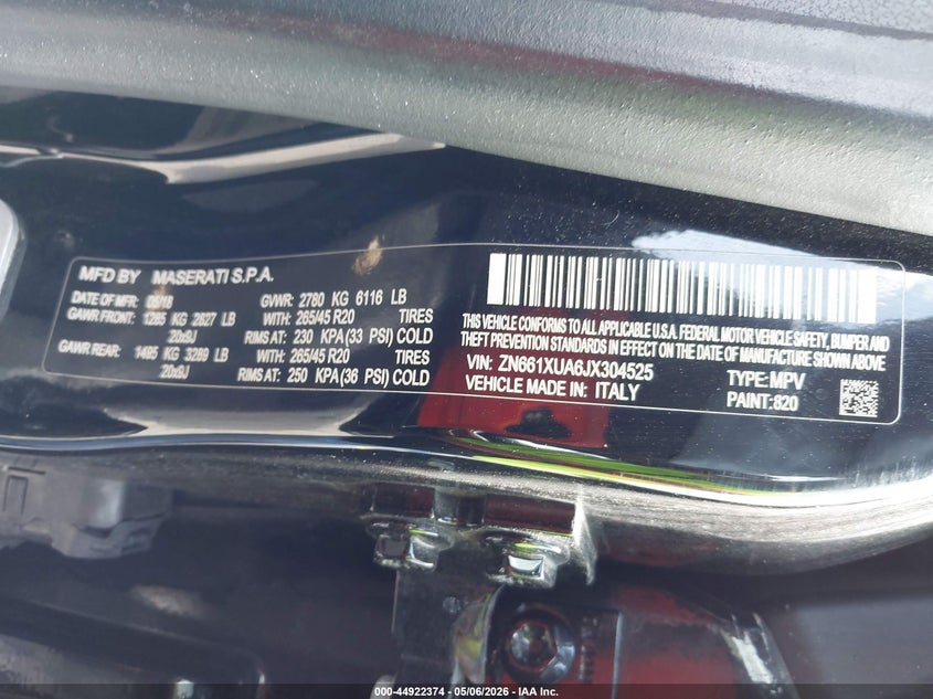2018 Maserati Levante VIN: ZN661XUA6JX304525 Lot: 44922374
