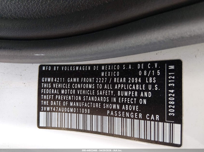 2016 Volkswagen Golf Gti S W/Performance Package 2-Door VIN: 3VWY47AU0GM011098 Lot: 44922468