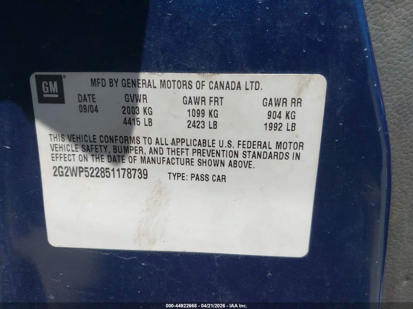 2005 Pontiac Grand Prix VIN: 2G2WP522851178739 Lot: 44922668