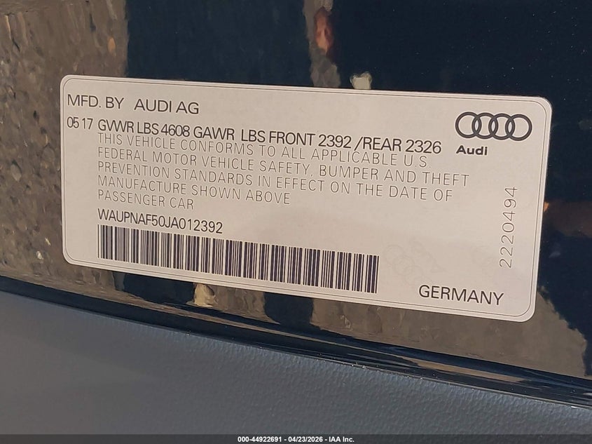 2018 Audi A5 2.0T Premium VIN: WAUPNAF50JA012392 Lot: 44922691