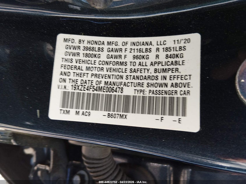 2021 Honda Insight Ex VIN: 19XZE4F54ME006478 Lot: 44922752