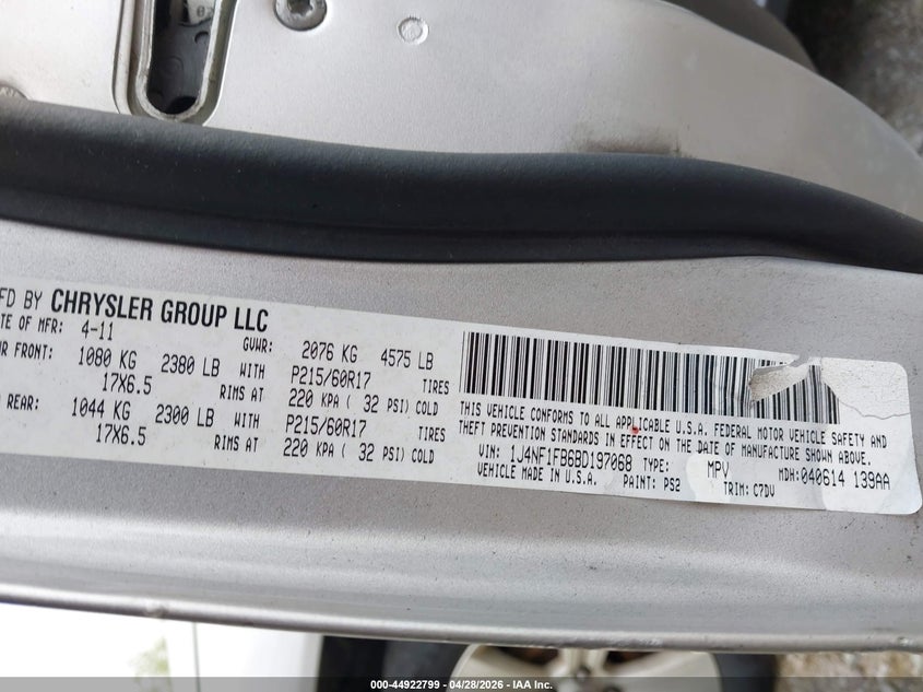 2011 Jeep Compass 2.4 silver Lot 111044922799 Vin 1J4NF1FB6BD197068