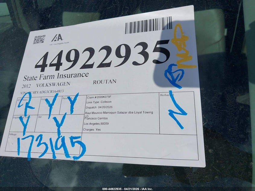 2012 Volkswagen Routan Sel Premium VIN: 2C4RVADG3CR164813 Lot: 44922935