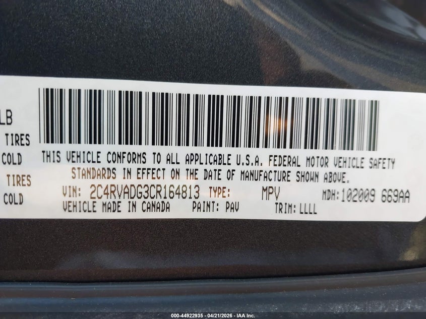 2012 Volkswagen Routan Sel Premium VIN: 2C4RVADG3CR164813 Lot: 44922935