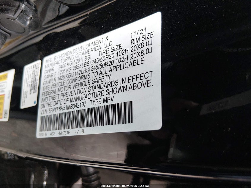 2021 Honda Passport Awd Ex-L VIN: 5FNYF8H51MB042197 Lot: 44922980