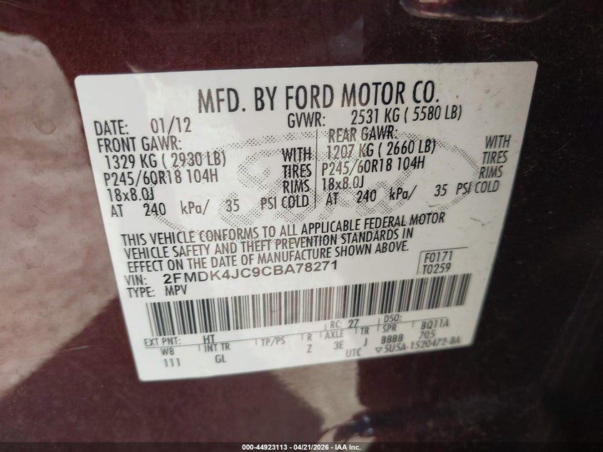 2012 Ford Edge 3.5 Sel brown Lot 111044923113 Vin 2FMDK4JC9CBA78271