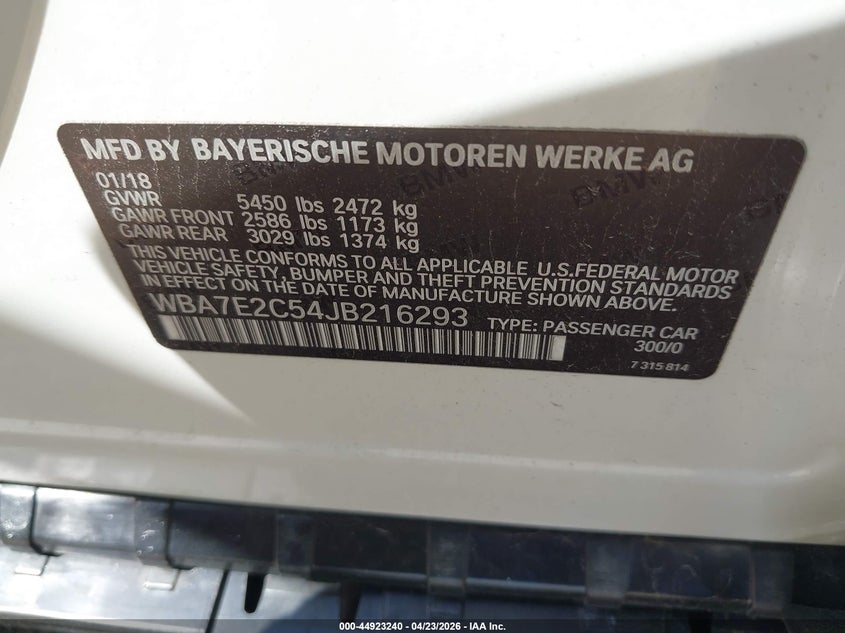 2018 BMW 740I VIN: WBA7E2C54JB216293 Lot: 44923240