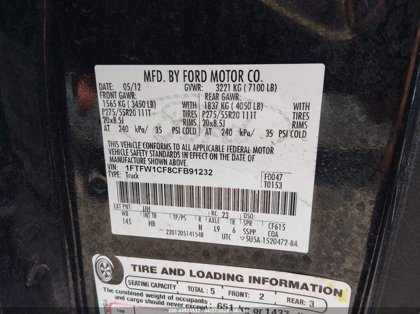 1FTFW1CF8CFB91232 2012 Ford F-150 5.0 Lariat black