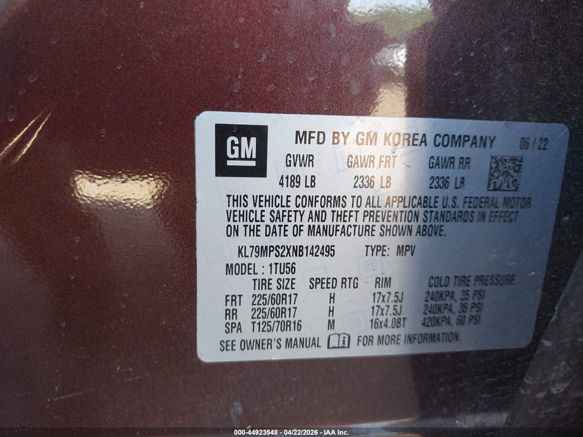 2022 Chevrolet Trailblazer Fwd Lt VIN: KL79MPS2XNB142495 Lot: 44923548