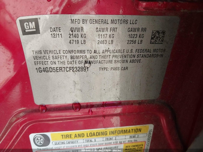 2012 Buick Lacrosse 2.4 Lacrosse Premium 1 Group red Lot 111044923738 Vin 1G4GD5ER7CF232891