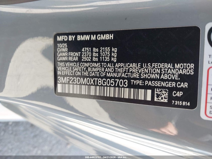 2026 BMW M2 VIN: 3MF23DM0XT8G05703 Lot: 44923781