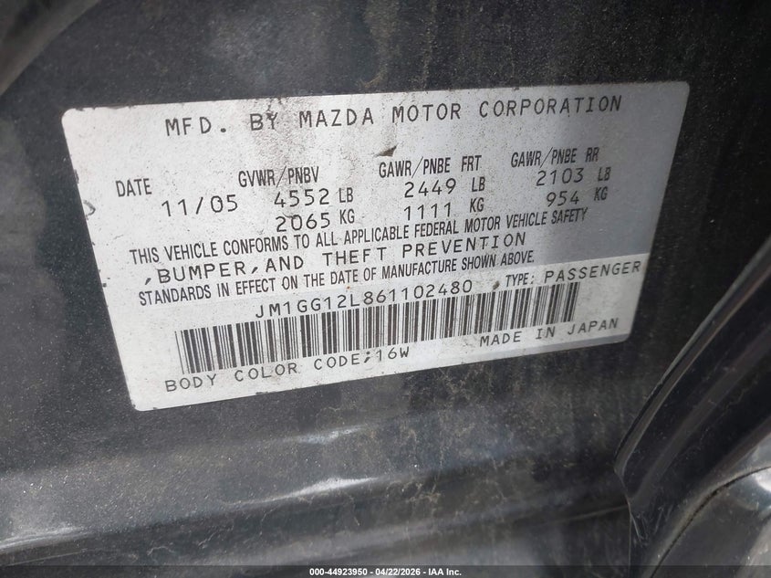 2006 Mazda Mazdaspeed6 Grand Touring VIN: JM1GG12L861102480 Lot: 44923950