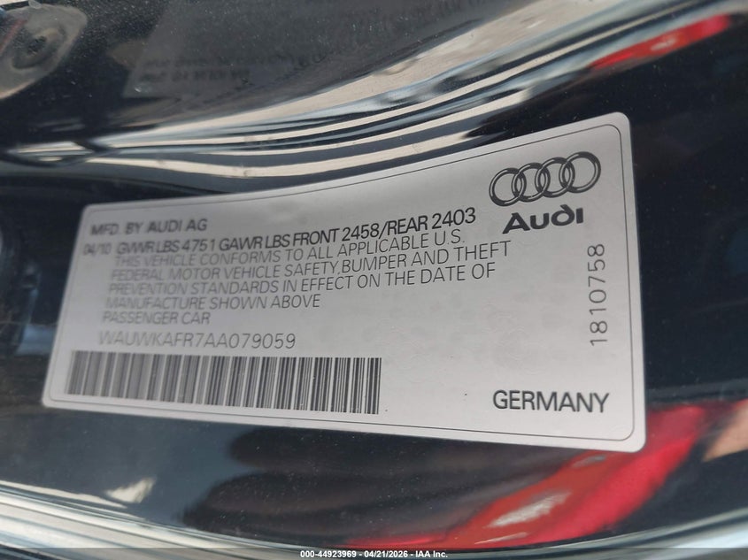 2010 Audi A5 3.2 Premium Plus VIN: WAUWKAFR7AA079059 Lot: 44923969