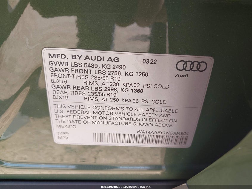 2022 Audi Q5 Sportback Premium 45 Tfsi S Line Quattro S Tronic VIN: WA14AAFY1N2084904 Lot: 44924025