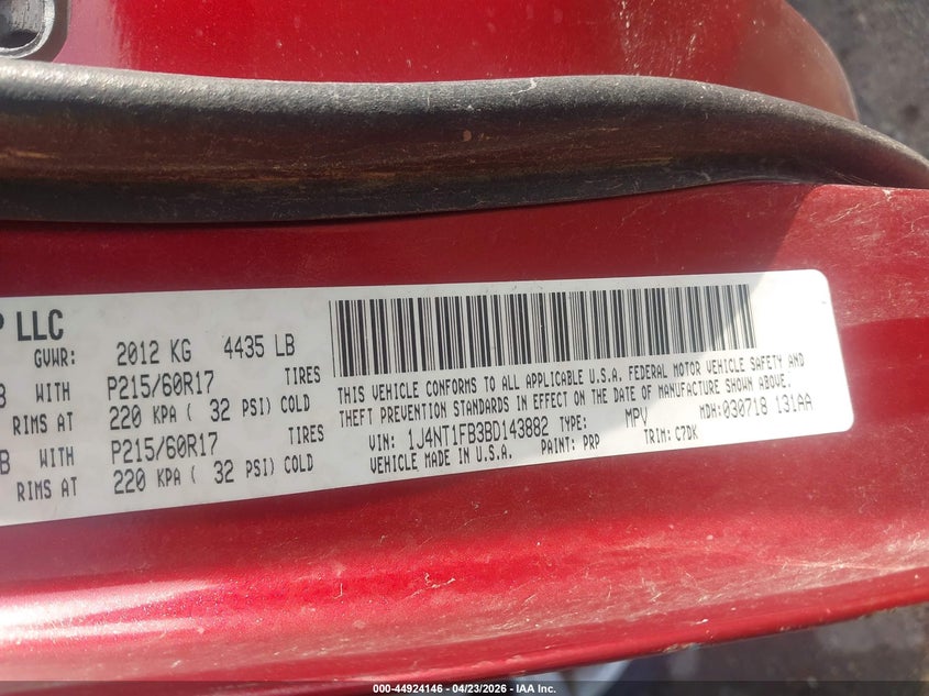 2011 Jeep Compass VIN: 1J4NT1FB3BD143882 Lot: 44924146