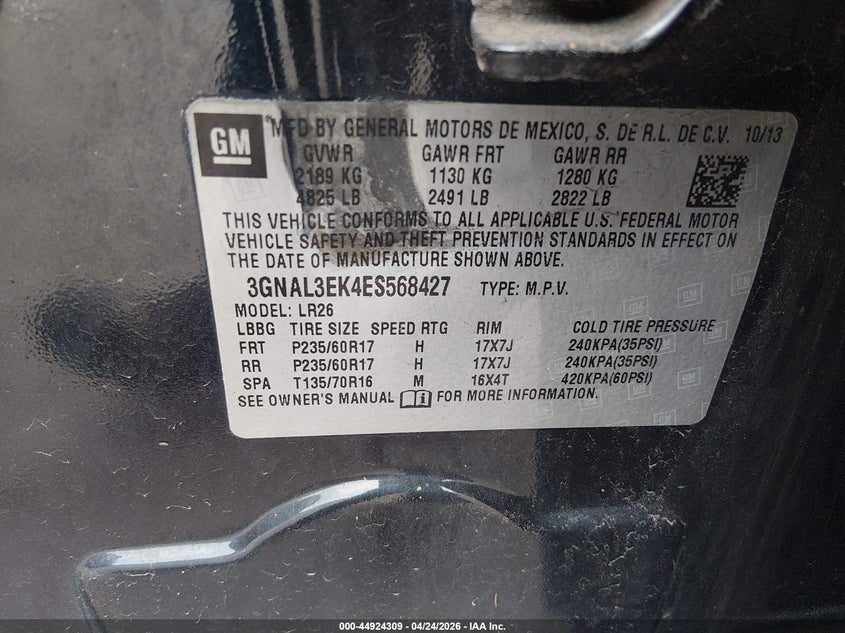 2014 Chevrolet Captiva Sport Lt VIN: 3GNAL3EK4ES568427 Lot: 44924309