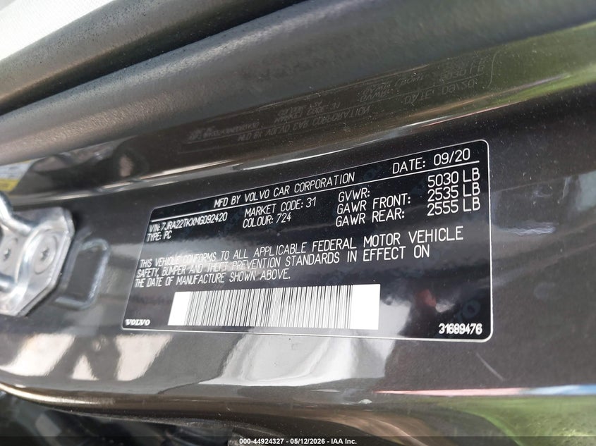 2021 Volvo S60 T6 Momentum VIN: 7JRA22TKXMG092420 Lot: 44924327