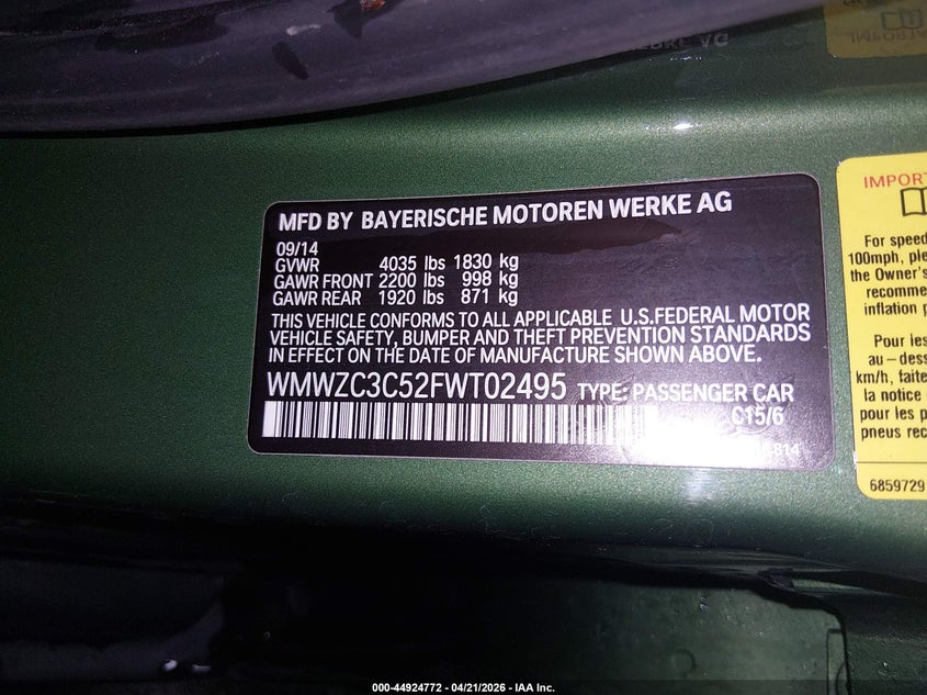 2015 Mini Countryman Cooper S VIN: WMWZC3C52FWT02495 Lot: 44924772