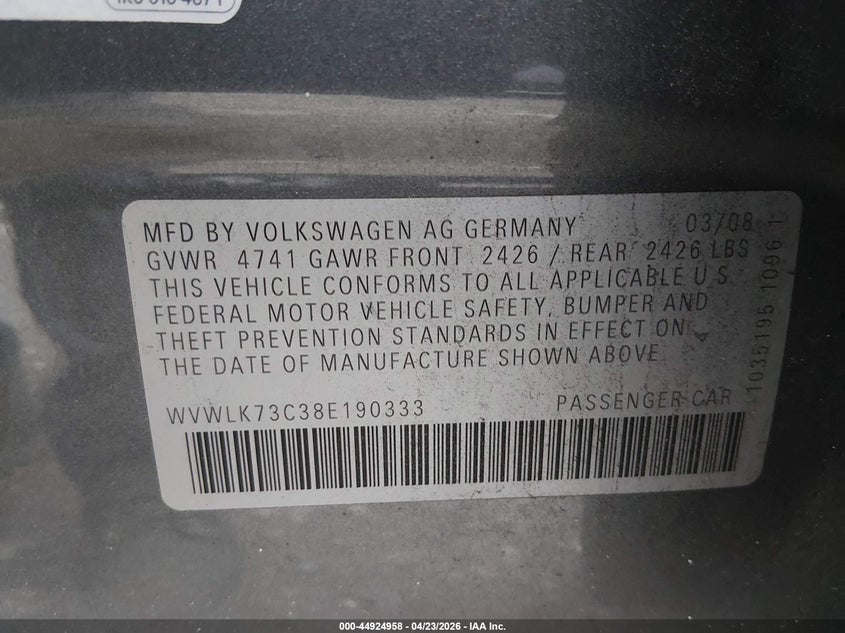 2008 Volkswagen Passat Komfort VIN: WVWLK73C38E190333 Lot: 44924958