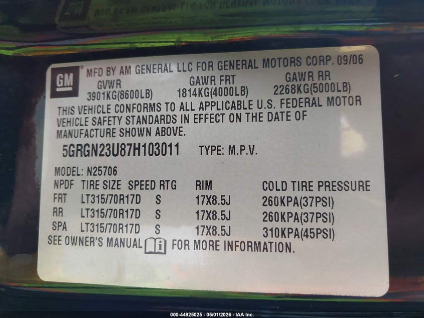 2007 Hummer H2 Suv VIN: 5GRGN23U87H103011 Lot: 44925025