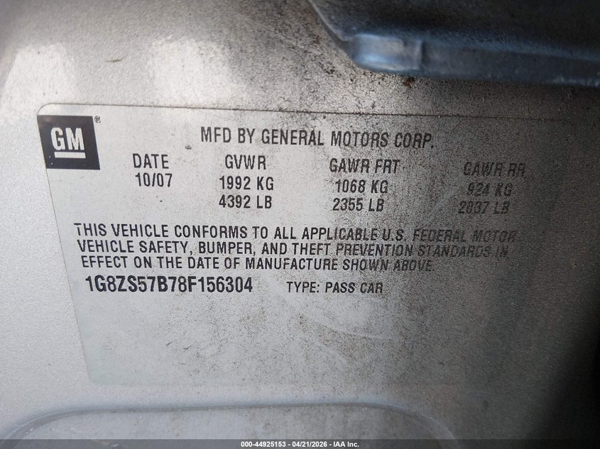 2008 Saturn Aura Xe VIN: 1G8ZS57B78F156304 Lot: 44925153