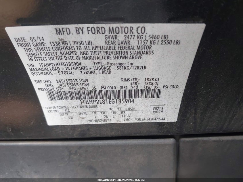 2014 Ford Police Interceptor VIN: 1FAHP2L81EG185904 Lot: 44925311