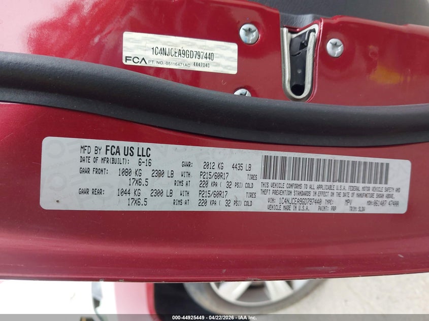 2016 Jeep Compass High Altitude Edition VIN: 1C4NJCEA9GD797440 Lot: 44925449