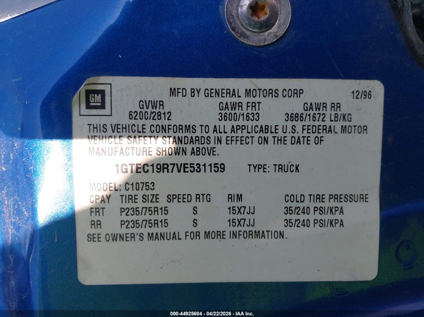 1997 GMC Sierra 1500 Sl Wideside VIN: 1GTEC19R7VE531159 Lot: 44925604
