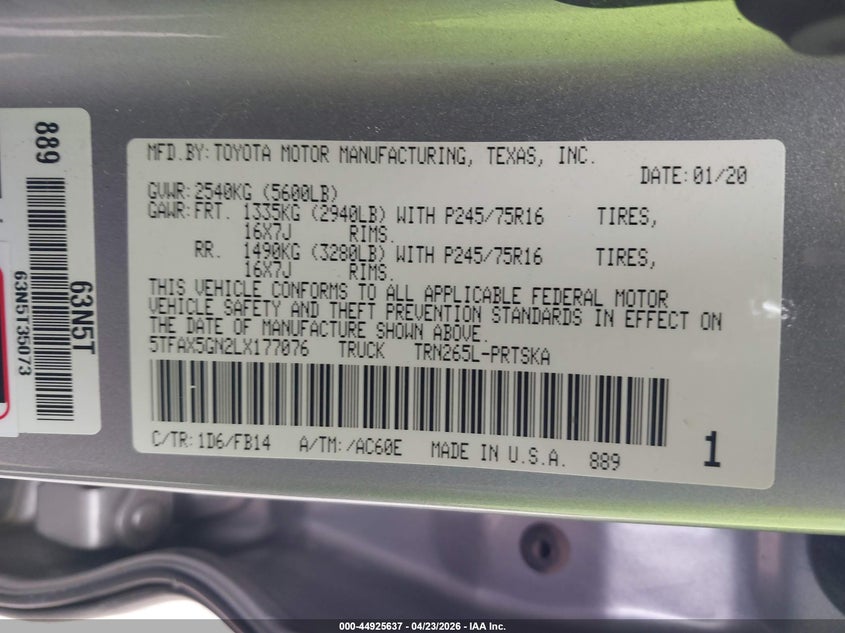 2020 Toyota Tacoma Sr VIN: 5TFAX5GN2LX177076 Lot: 44925637