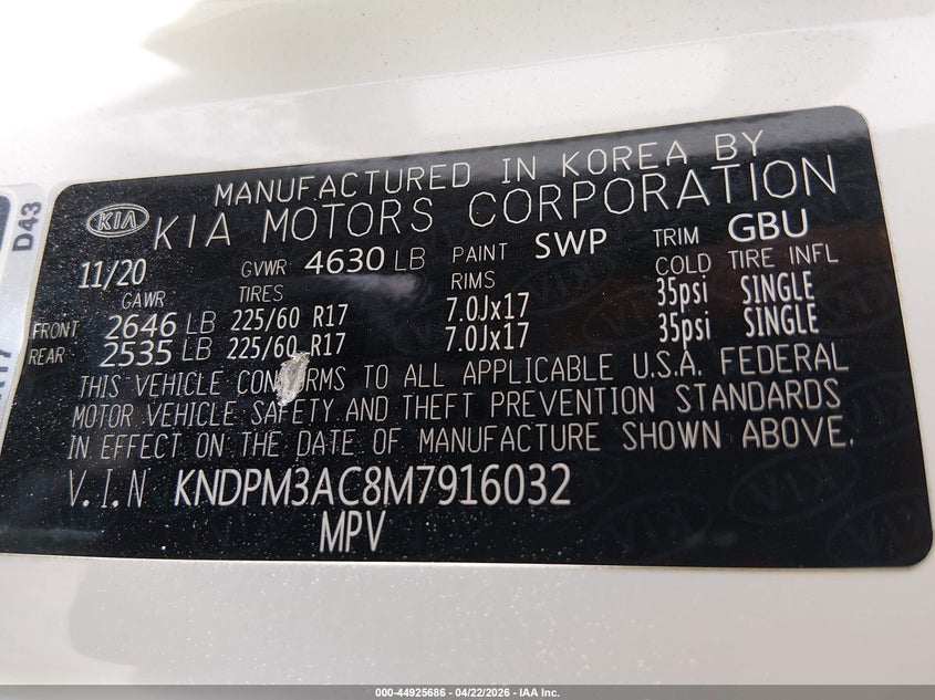 2021 KIA SPORTAGE 2.4L I-4 DI, DOHC, V(VIN: KNDPM3AC8M7916032
