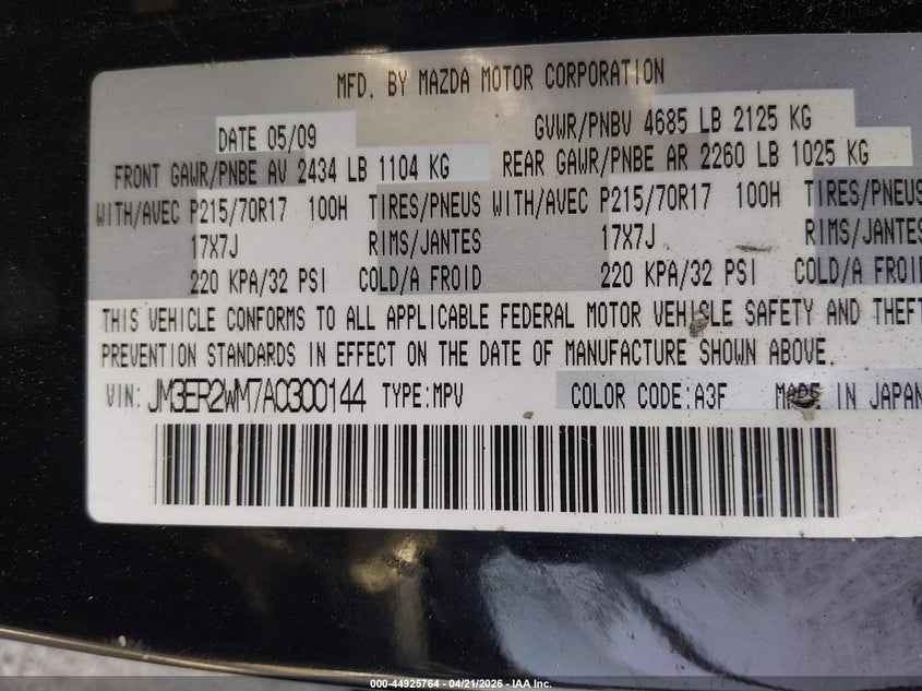 2010 Mazda Cx-7 I Sport VIN: JM3ER2WM7A0300144 Lot: 44925764