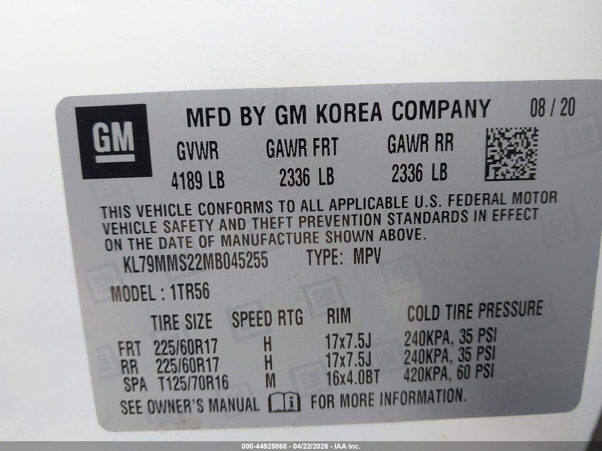 VIN KL79MMS22MB045255 2021 CHEVROLET TRAILBLAZER FWD LS
