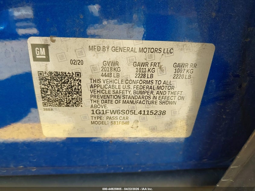 2020 Chevrolet Bolt Ev Fwd Lt VIN: 1G1FW6S05L4115238 Lot: 44925905
