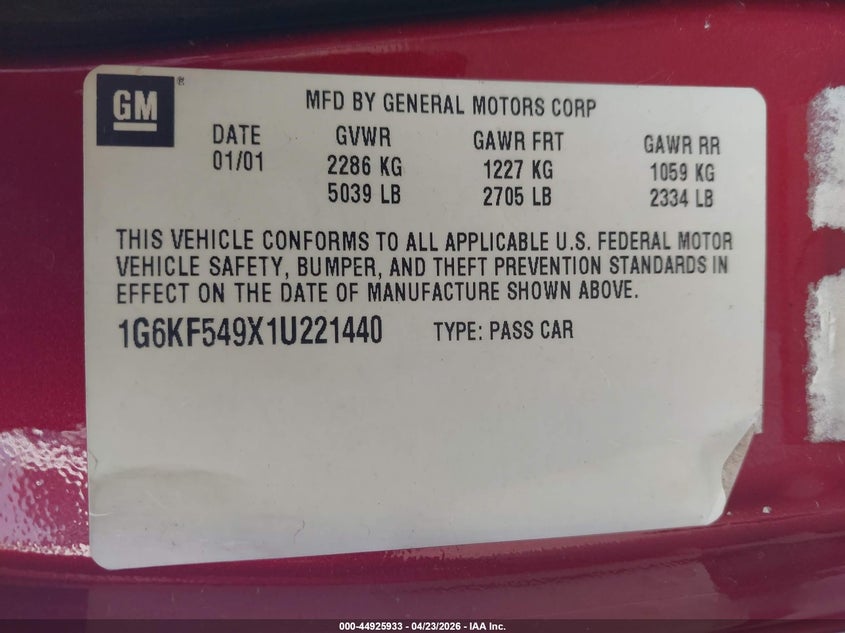 2001 Cadillac Deville Dts VIN: 1G6KF549X1U221440 Lot: 44925933