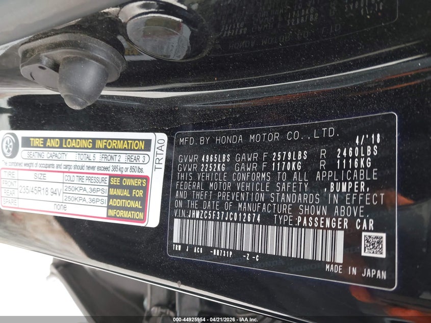 2018 Honda Clarity Plug-In Hybrid Touring VIN: JHMZC5F37JC012674 Lot: 44925954